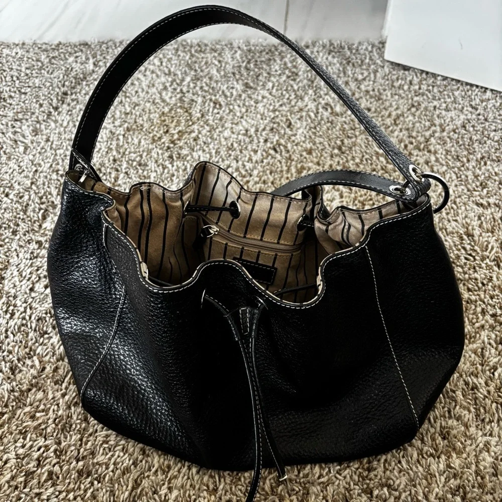 kate spade Black Pebbled Leather Gathered Drawstring Tote